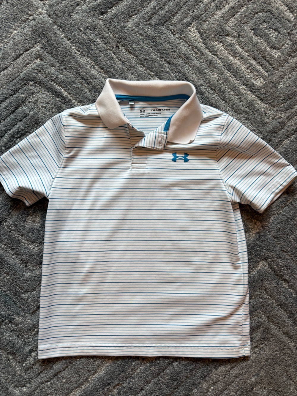 Under Armour White Polo with Blue Stripe and Blue Logo size YXS, size 7